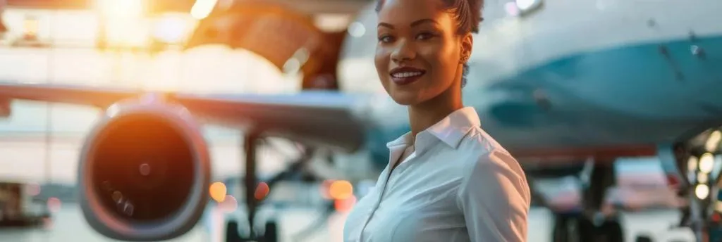 A wide, horizontal shot of a smiling Black woman in a white collared shirt, standing on an airport tarmac. She is facing the camera, with a private jet behind her, its engine visible on the left side of the frame. The background is a large hangar with bright, warm sunlight coming from the left.