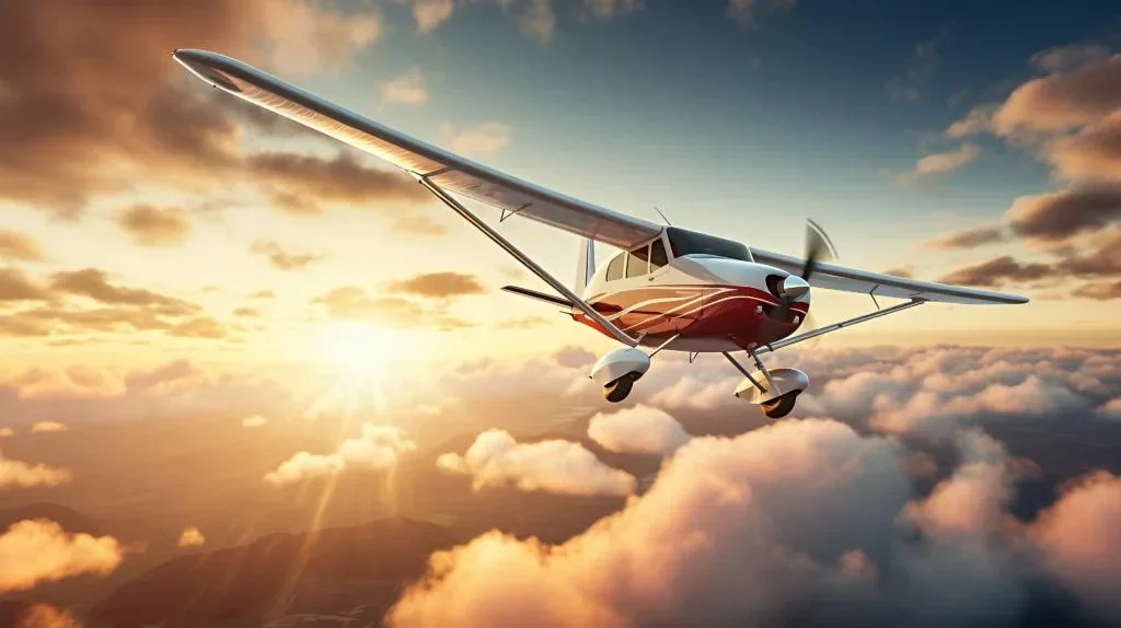 Small red and white propeller plane flying above the clouds during a bright, golden sunset.