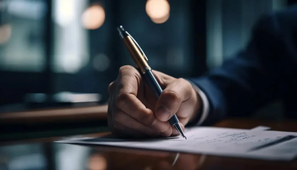 A close-up shot of a person's hand, dressed in a dark suit jacket, holding a sophisticated pen with gold and dark blue accents. The hand is poised over a piece of paper with some illegible writing on a warm-toned wooden surface. In the blurred background, there are soft, out-of-focus lights, suggesting an indoor setting like an office or study.