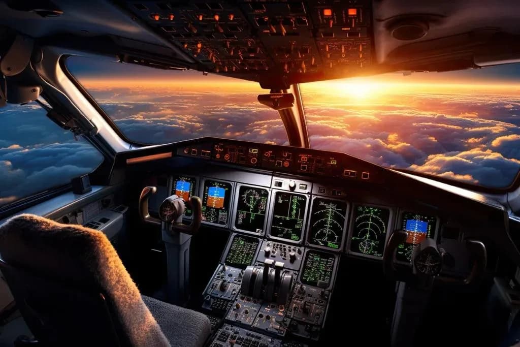 Airplane cockpit with glowing instrument panels above clouds during a vivid sunset