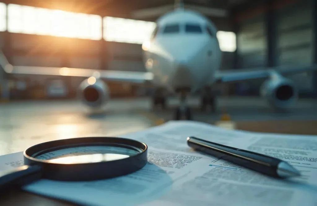Magnifying glass and pen on documents with a blurred private jet in a hangar and sunlight in the background.
