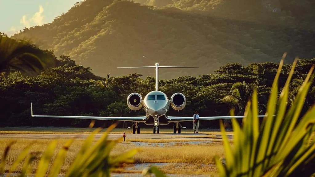 Man standing near a private jet on a tarmac with a lush, green mountain in the background at sunset.