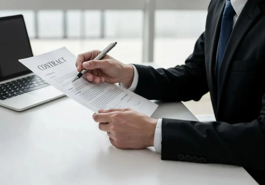 A close-up of a person in a dark suit and blue tie holding a contract and a silver pen over the signature line at a white desk. An open laptop is to the left.