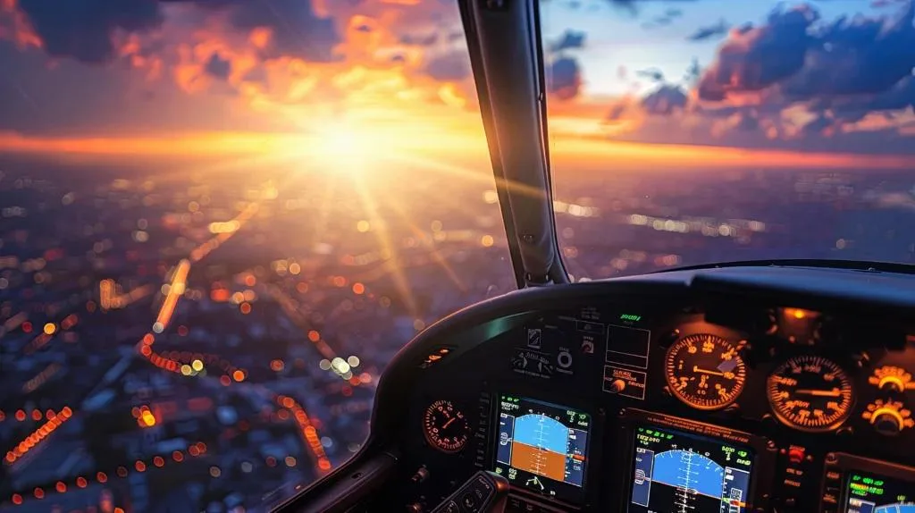 Cockpit view at sunset through scattered clouds. Illuminated flight instruments are in the foreground with a glowing cityscape visible below.