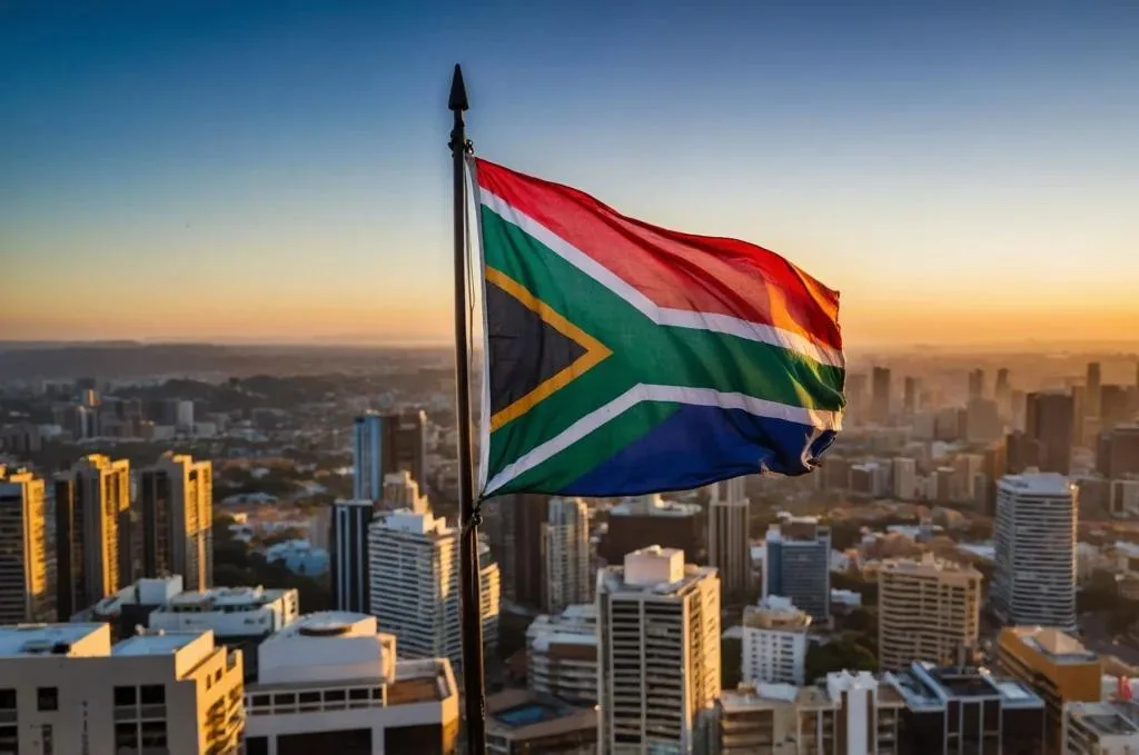 South African flag waving on a pole above a city skyline at sunrise. Buildings are out of focus below.