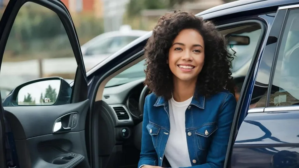 Smiling woman with curly hair and a denim jacket sitting in the driver's seat of a dark blue car with the door open.