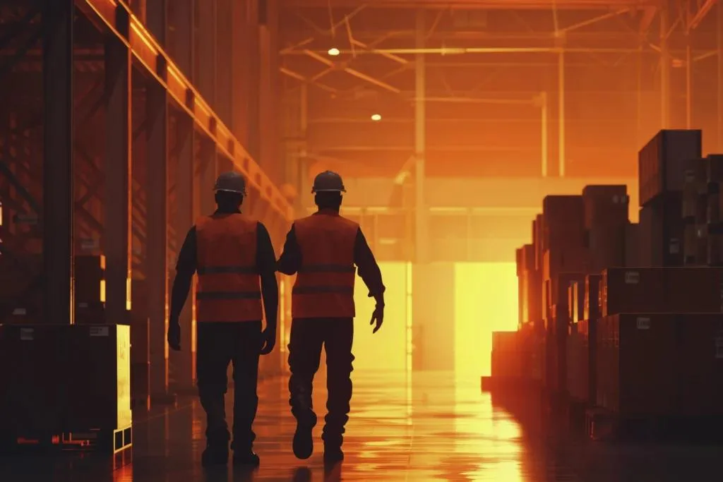 Two workers in safety vests and hard hats walk down a warehouse aisle with boxes. Strong, golden backlighting.