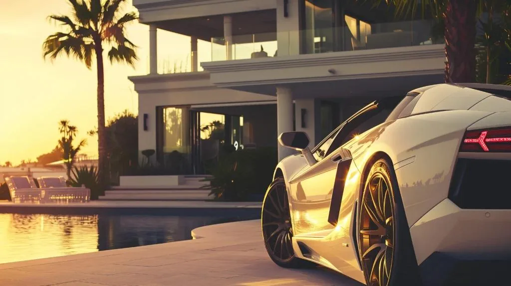 White sports car parked by a pool at sunset. A modern, luxury house and palm trees are in the background.