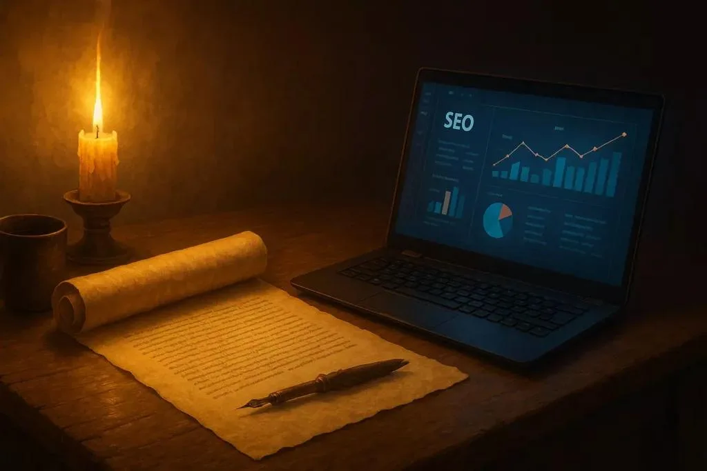 Merchant’s desk with parchment scroll and laptop showing SEO data, symbolising the link between ancient contracts and modern digital strategy.