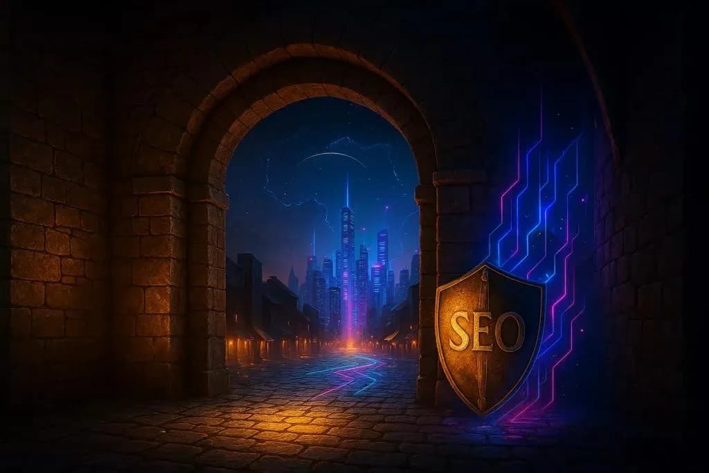 Medieval gate opening into a glowing digital cityscape symbolising how insurance protects entry and SEO unlocks new opportunity