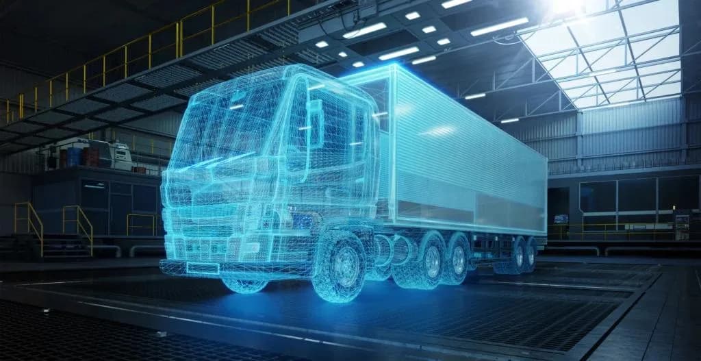 A 3D wireframe render of a semi-truck with a box trailer, glowing blue, is superimposed over a photograph of a dark warehouse or factory floor. The image suggests futuristic logistics or autonomous vehicle technology.