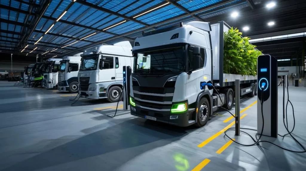 A line of white semi-trucks is parked indoors, connected to electric charging stations. The truck in the foreground has a flatbed trailer loaded with a large, green plant or tree, symbolizing eco-friendly transport. The industrial ceiling is visible above.