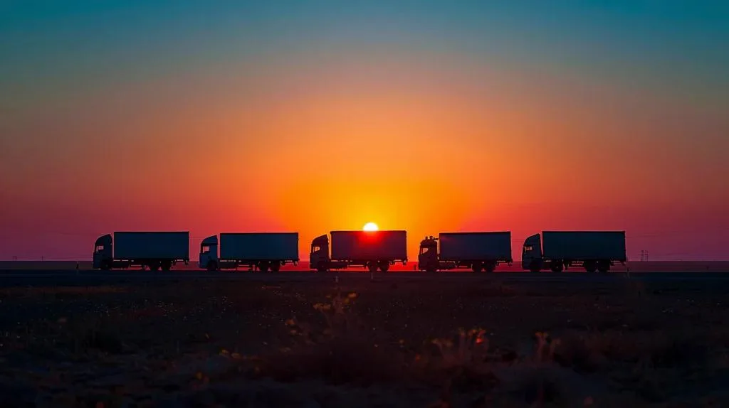 A low-angle view of several stainless steel tank trucks parked in a row, with chemical storage tanks towering in the background. The scene is brightly lit under a blue sky with scattered clouds.