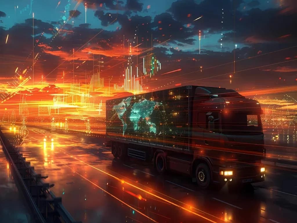 Truck with digital world map graphic driving on highway at dusk with data overlays