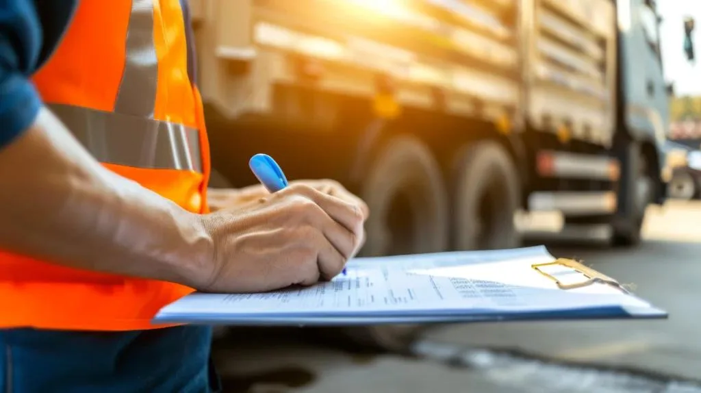 A close-up shot of a person in an orange high-visibility vest writing on a clipboard with a blue pen. A large truck is blurred in the sunny background.