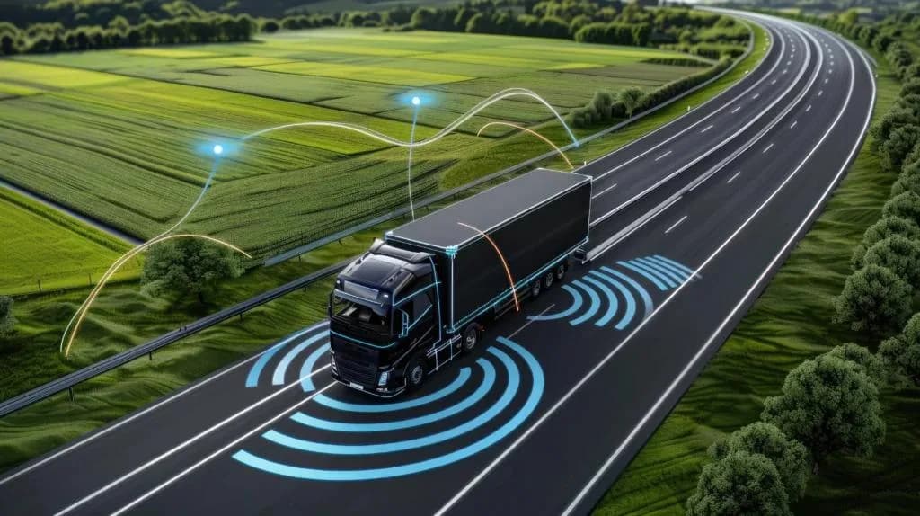 An aerial view of a black semi-truck driving on a highway through green fields. The truck is overlaid with glowing blue lines and concentric circles, symbolizing autonomous driving or logistics technology.