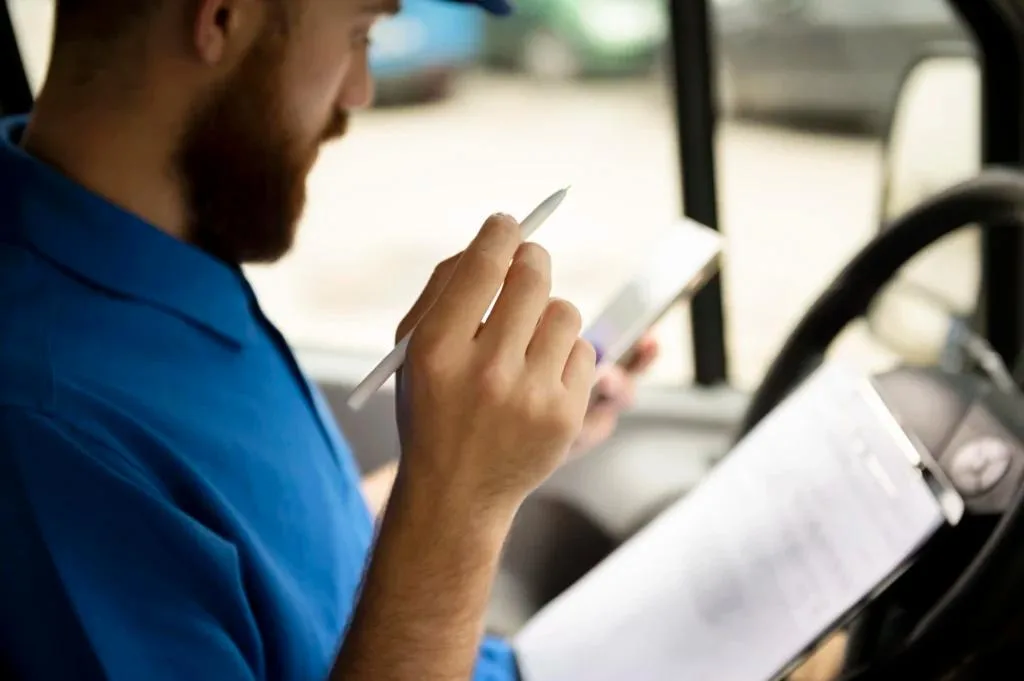 A close-up shot of a bearded delivery man in a blue uniform shirt sitting in a vehicle. He is holding a clipboard and using a white stylus on a tablet or mobile device to process a delivery. The background is blurred and shows the street outside.