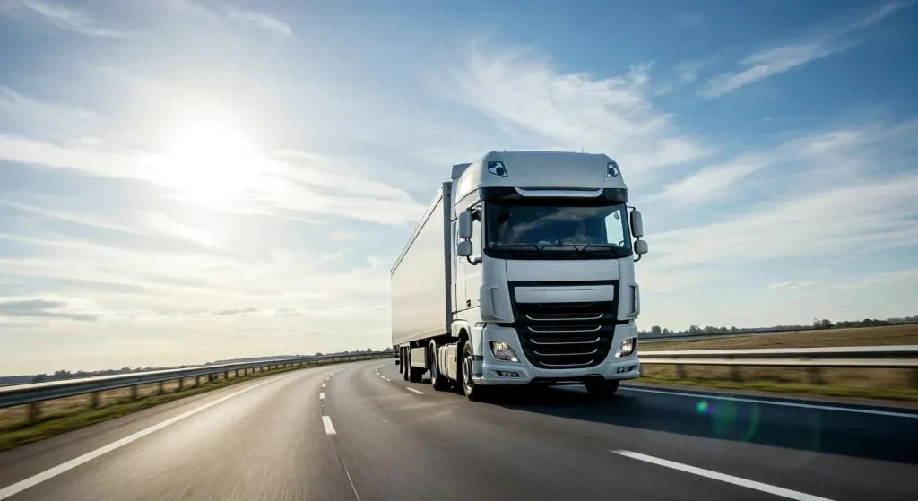A modern, white semi-truck with a box trailer is driving quickly on a two-lane highway. The shot is taken from a low angle, with the sun glaring brightly in the upper left of a blue, partly cloudy sky.