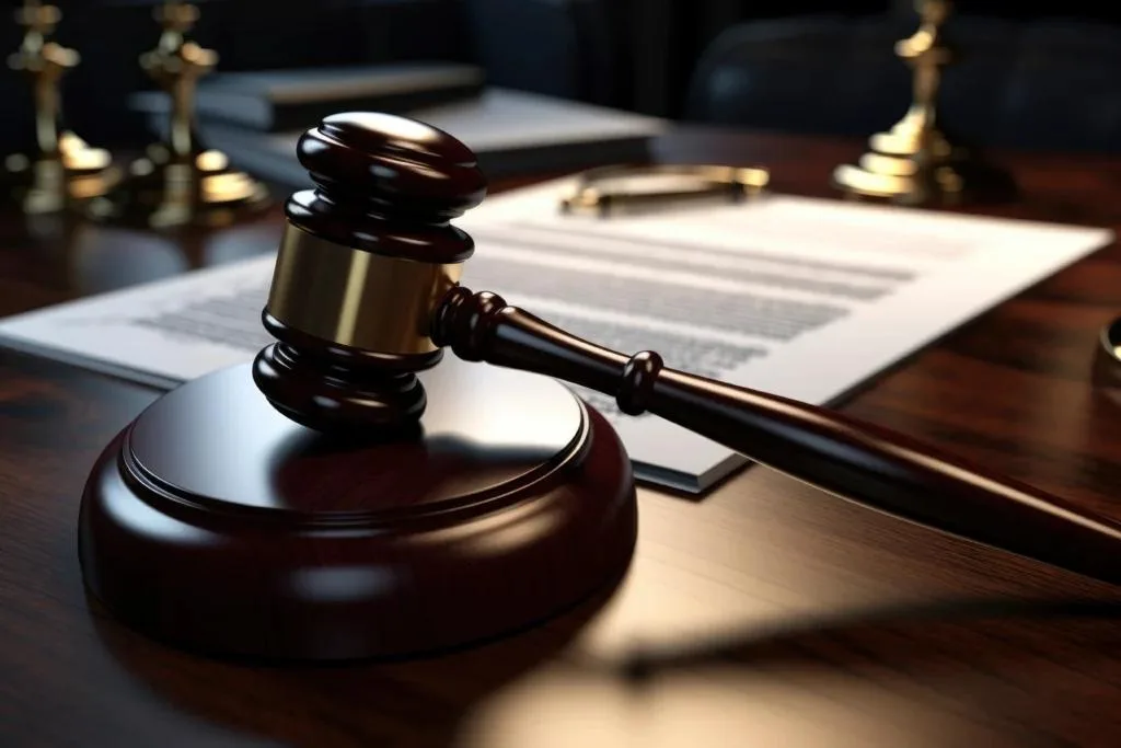 A close-up shot of a dark mahogany gavel resting on a matching sound block on a glossy, wooden desk. A document with text and a blurred gold pen is in the soft focus background.