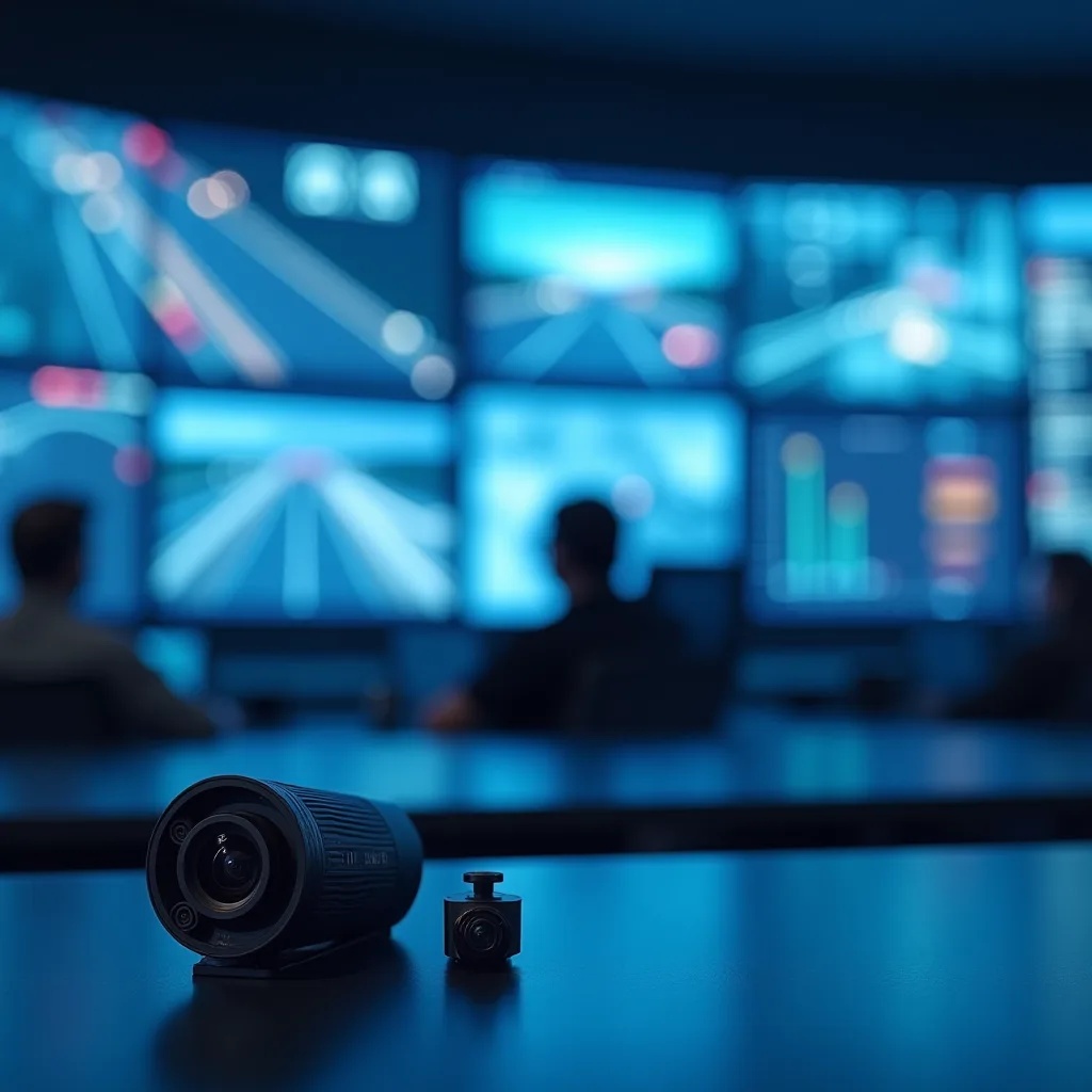 Two dashcams on a table before a control room wall of monitor screens showing traffic feeds