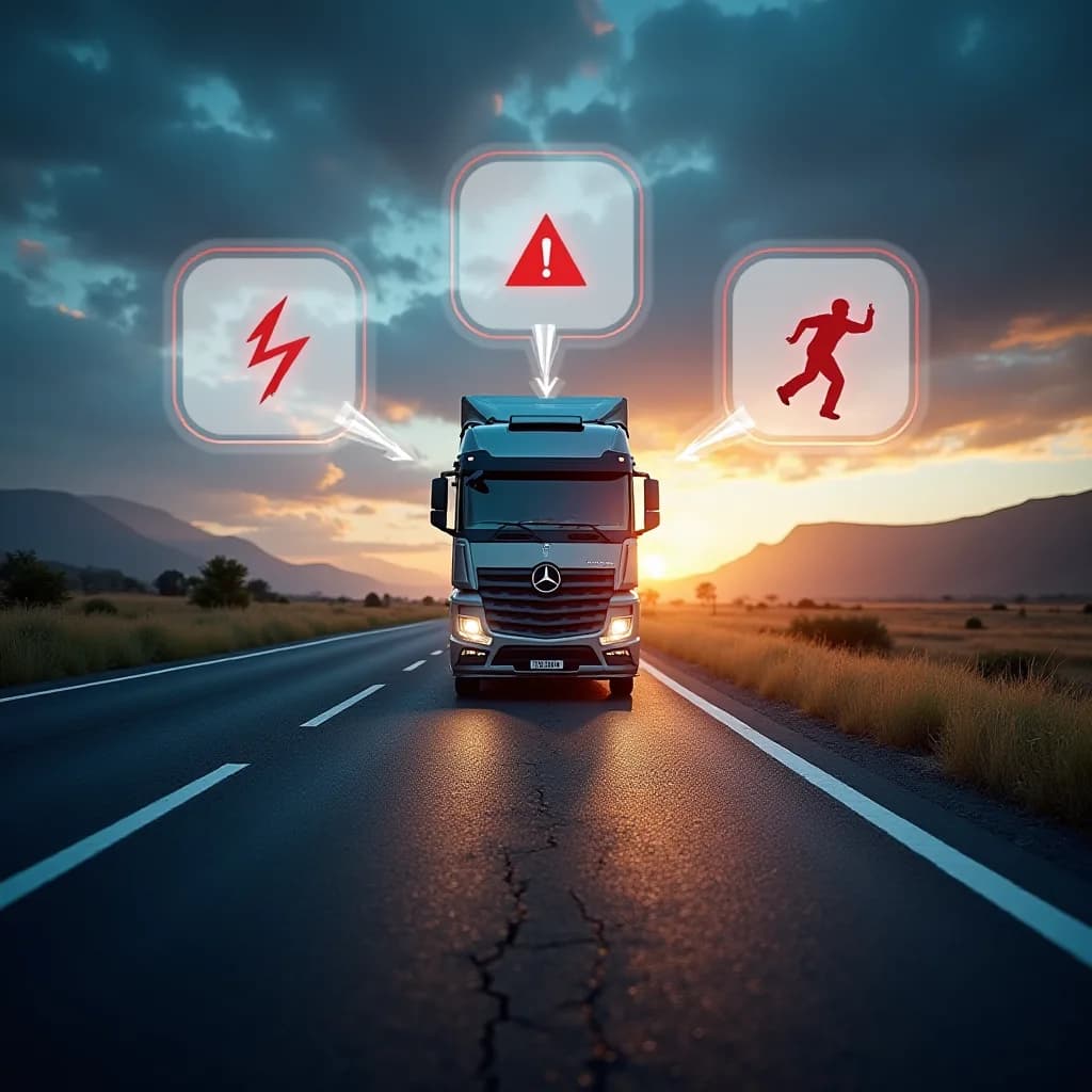 Truck on a highway at sunset with warning, lightning bolt, and running-person icons above it