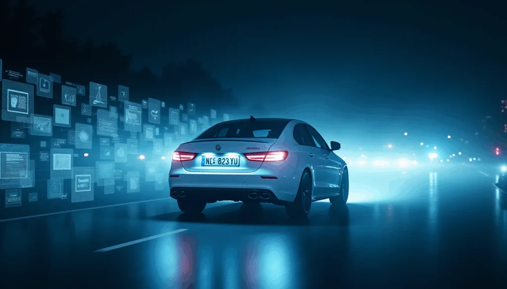 White sedan driving at night with license plate visible, digital data icons glowing alongside road