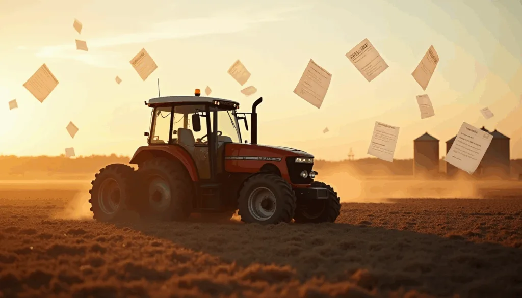 Red tractor plowing a dusty field at sunset with papers flying overhead