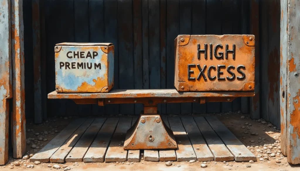 Rusty seesaw balancing "Cheap Premium" and "High Excess" signs on weathered wooden planks