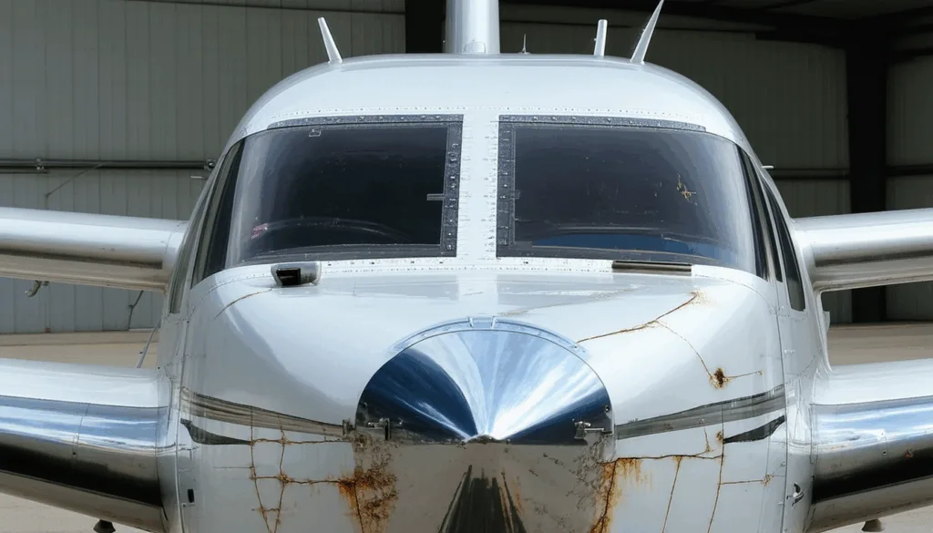 Front view of a small propeller aircraft's nose showing rust stains and windshield