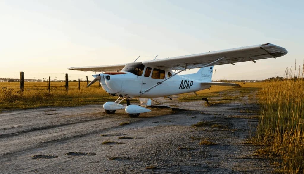 Small white single-engine Cessna aircraft parked on a rural airstrip at sunset