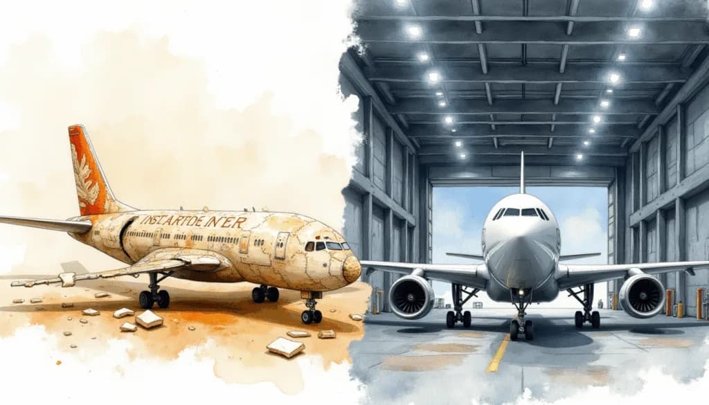 Split image: weathered, abandoned aircraft on left contrasted with well-maintained plane in hangar on right