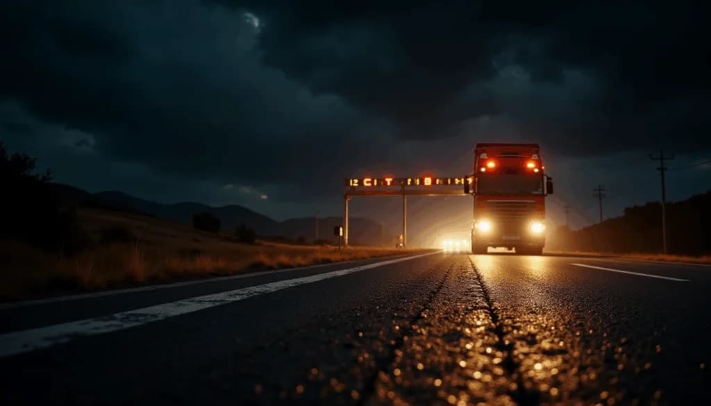 Truck driving at night on a highway with headlights on under a dark sky