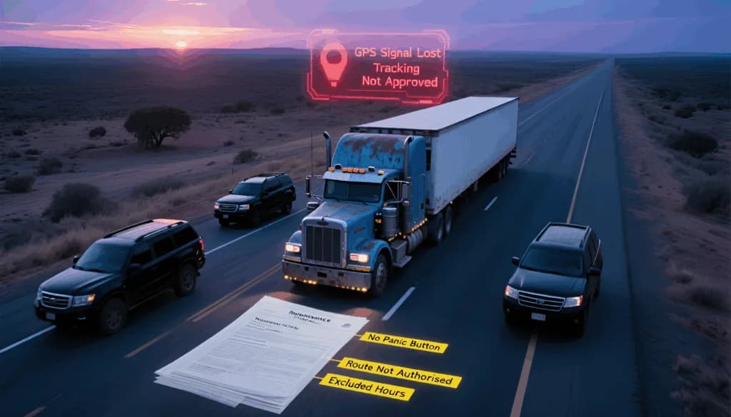 Truck escorted by SUVs on a desert road at dusk, with warning icons and paperwork overlaid