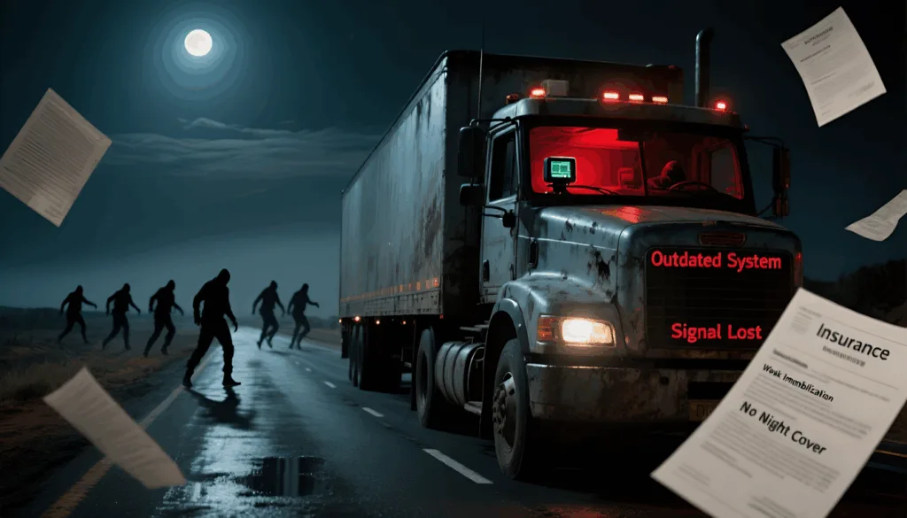 Truck at night surrounded by shadowy figures, with labels reading Outdated System, Signal Lost, No Night Cover
