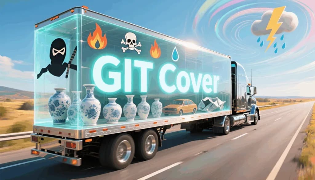 Truck with transparent trailer showing vases and car, icons for theft, fire, water, storm damage