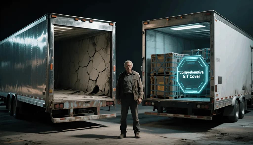 Man standing between two open truck trailers, one empty and cracked, one holding cargo with a glowing "Comprehensive GIT Cover" sign
