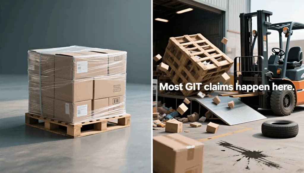 Split image: neatly wrapped pallet of boxes beside a forklift spilling cargo during offloading