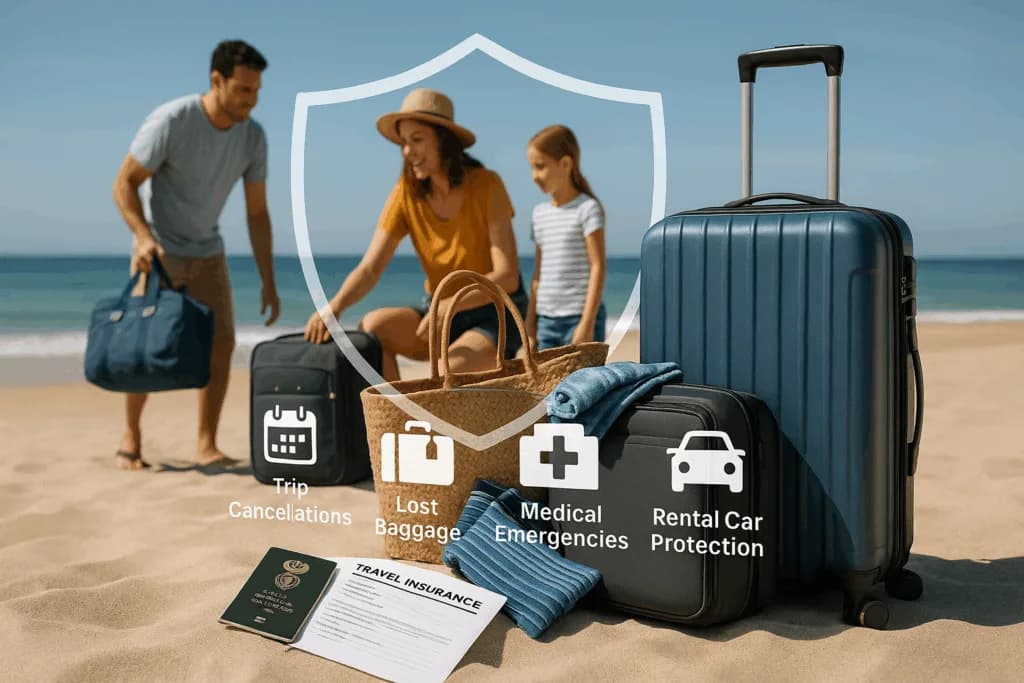 Family with luggage on a beach, icons for trip cancellation, lost baggage, medical and car cover