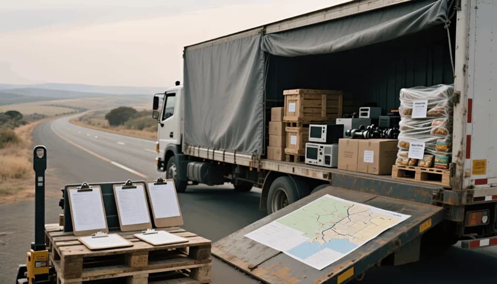 Curtain-side truck loaded with boxed goods, pallet jack, clipboards, and route map on roadside