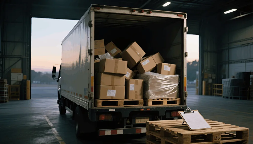 Box truck with rear doors open, cardboard boxes stacked haphazardly inside on a pallet