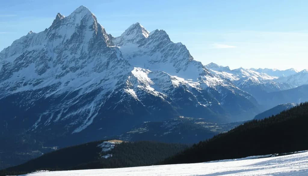 Snow-capped Mont Blanc mountain peaks rising above a forested valley under clear sky