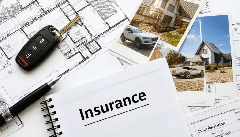 Car key, pen, and notebook labeled Insurance atop house and car photos with blueprints