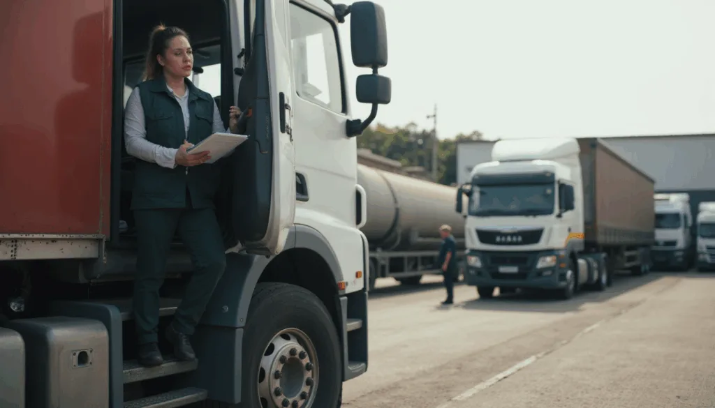 Woman holding a clipboard steps down from a truck cab at a logistics yard