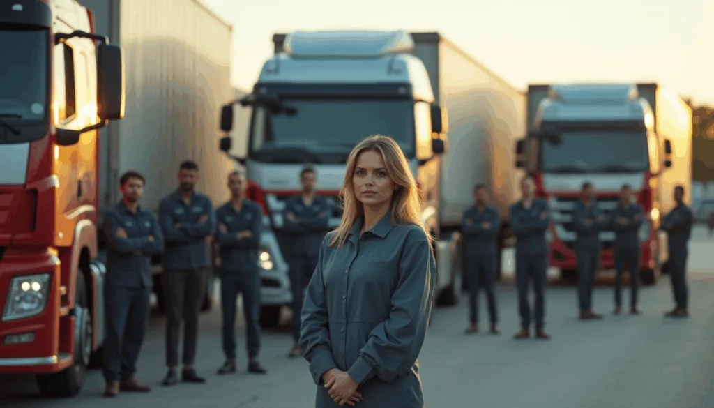 Woman in overalls standing before a row of trucks with drivers behind her