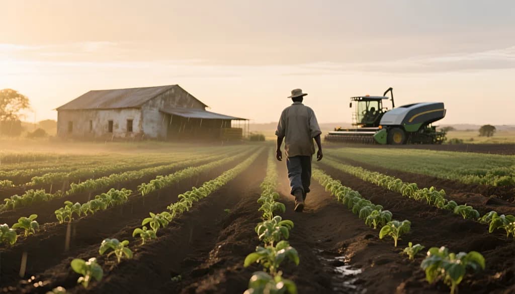 Farmer walking through crop rows at sunrise, farmhouse and harvester in background
