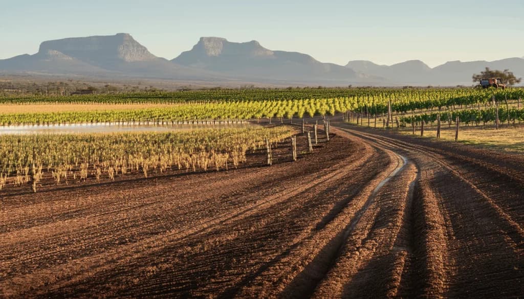 Dirt farm road curving past vineyard rows with flat-topped mountains in background