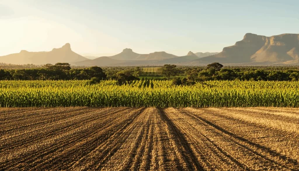 Plowed farm field with rows leading to green maize crops and distant mountain ranges at sunset