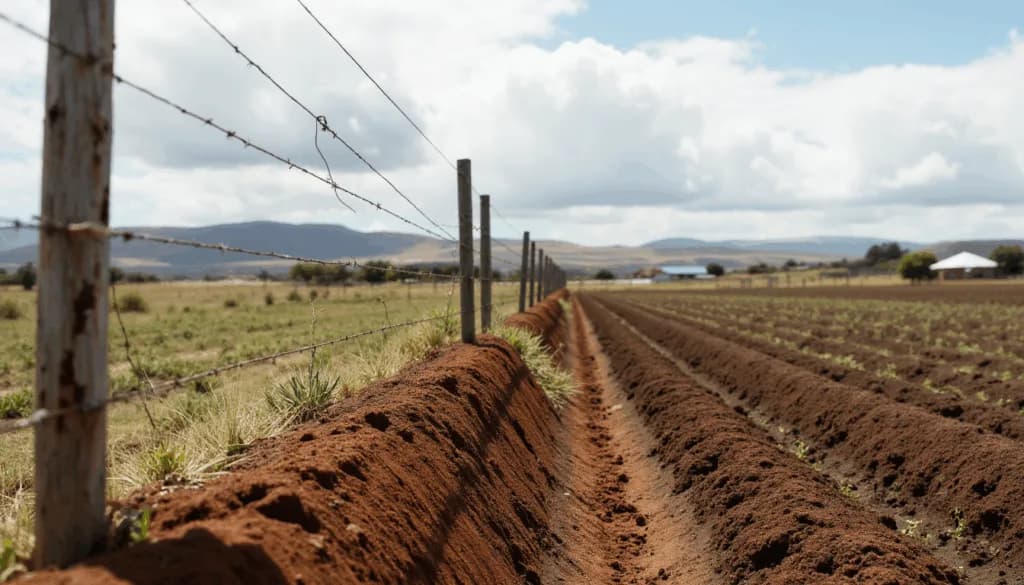 Barbed wire fence along freshly ploughed red soil rows on a farm