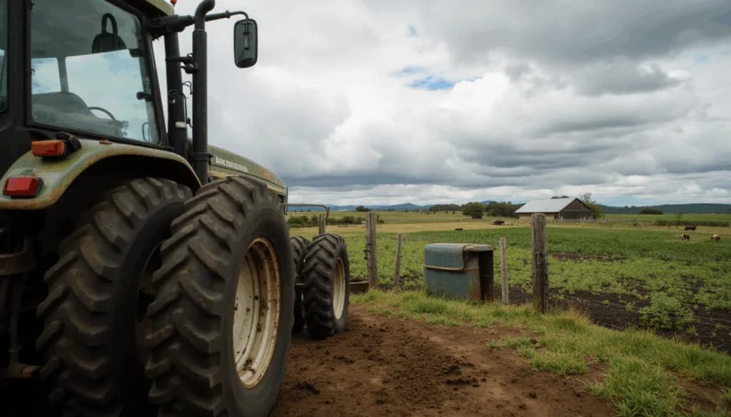 Tractor with large tires parked on farm track beside pasture and barn under cloudy sky