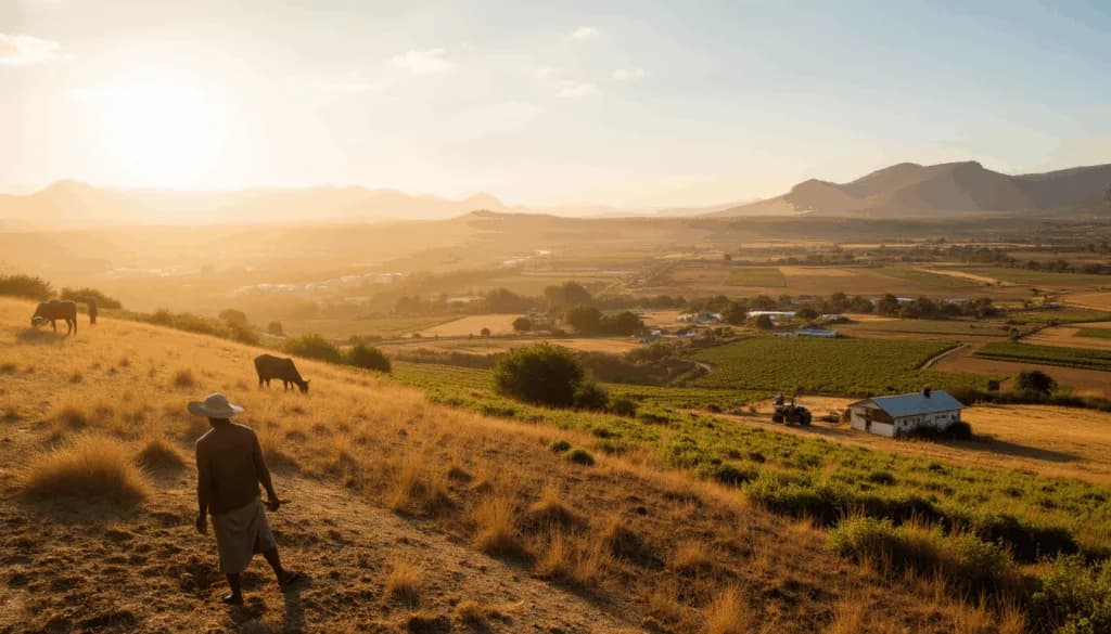 Farmer walking a golden hillside overlooking a valley farm and vineyards at sunset